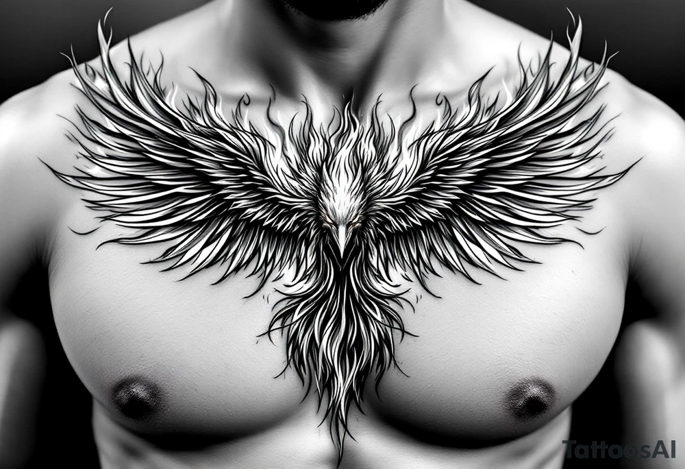 Realistic and symmetrical flaming Phoenix rebirth with spread wings in a down motion surrounded by fire mapped onto chest only.
Phoenix head must be in the middle of the chest, straight and symmetrical.
Fire should be surrounding spread wings
Wings should be spread down only on pectoral muscle towards nipples. tattoo idea