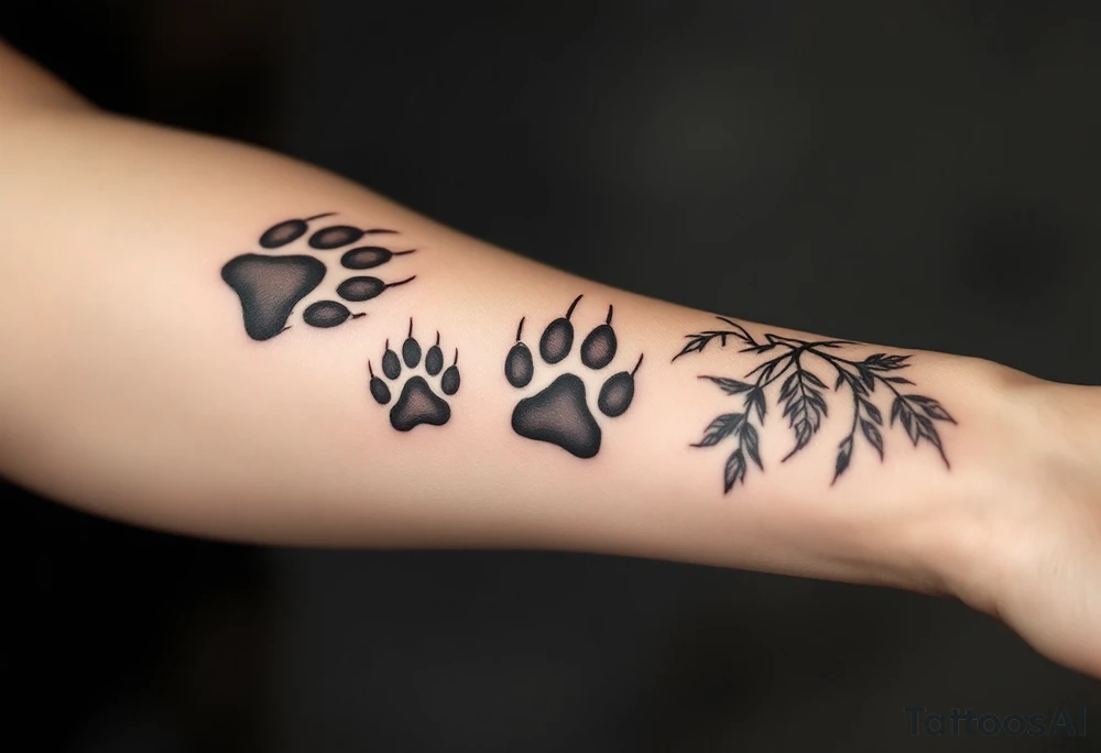 Vintage Etching Style – Paw prints in fine-line, sketch-style black ink, resembling old anatomical drawings or nature illustrations. tattoo idea