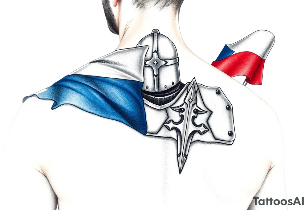 A knight in medieval armor holding a Czech flag (blue, white, red), inspired by Hussite warriors, with battle-worn silver and red tones. tattoo idea