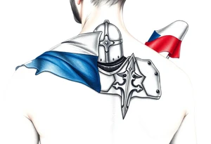 A knight in medieval armor holding a Czech flag (blue, white, red), inspired by Hussite warriors, with battle-worn silver and red tones. tattoo idea