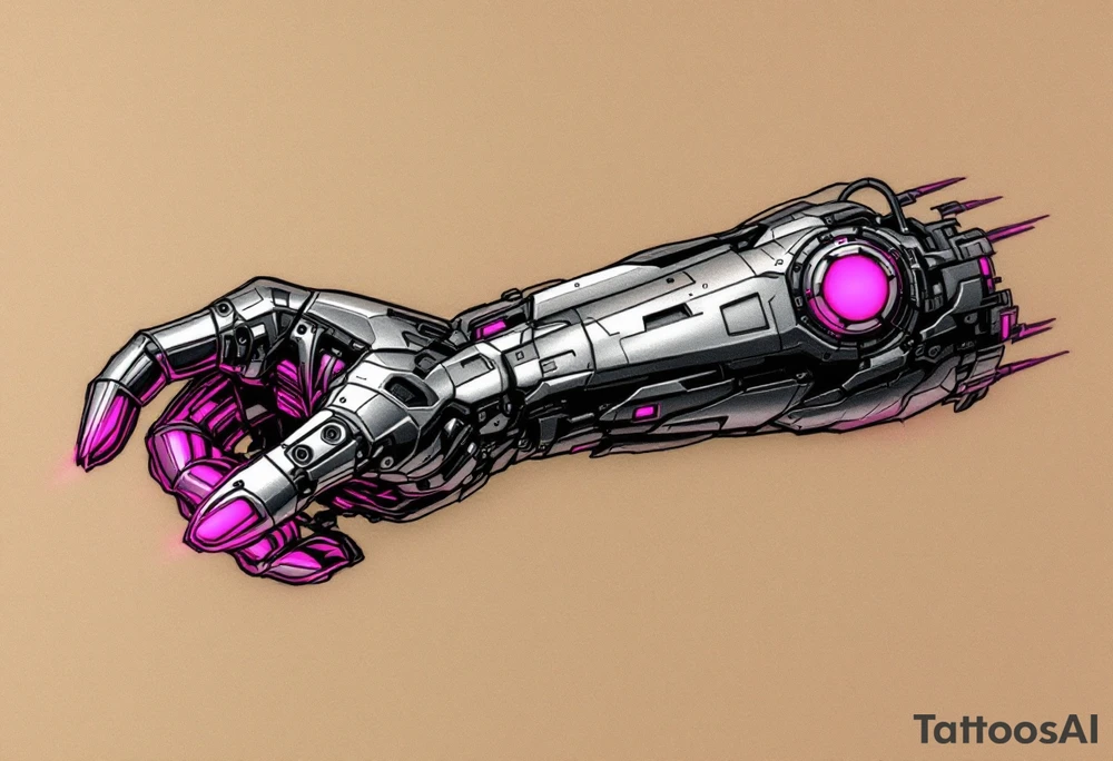 A cleanly layered mechanical arm in polished titanium with holographic light accents in magenta. tattoo idea