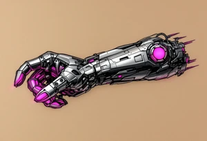 A cleanly layered mechanical arm in polished titanium with holographic light accents in magenta. tattoo idea