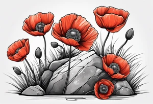 poppy growing out of rock with roots hugging 
rock in support tattoo idea