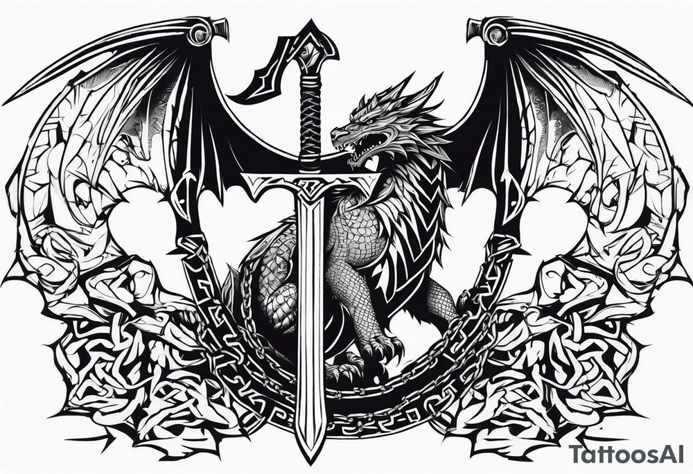 Valhalla sword shield dragon axe Valknut barbed wire chains tribal tattoo idea Valhalla sword shield dragon axe Valknut barbed wire chains tribal tattoo idea