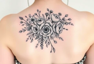 vintage bouquet of wild roses and meadow flowers with morning dew tattoo idea