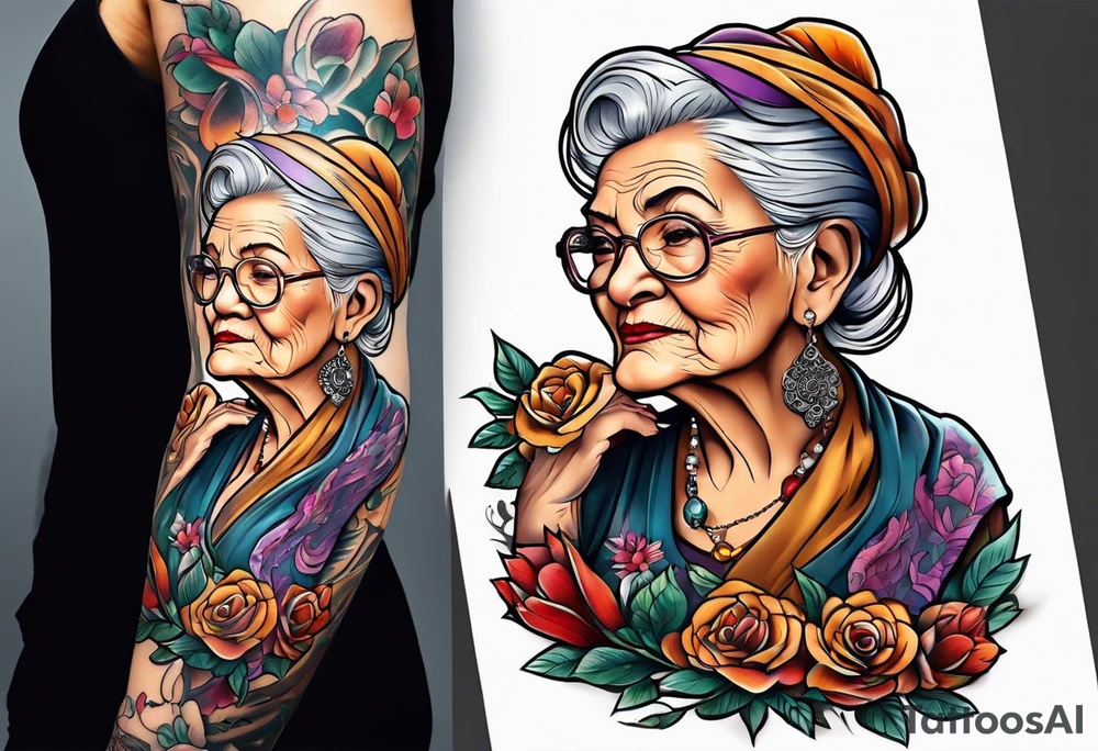 Strong old woman tattoo idea