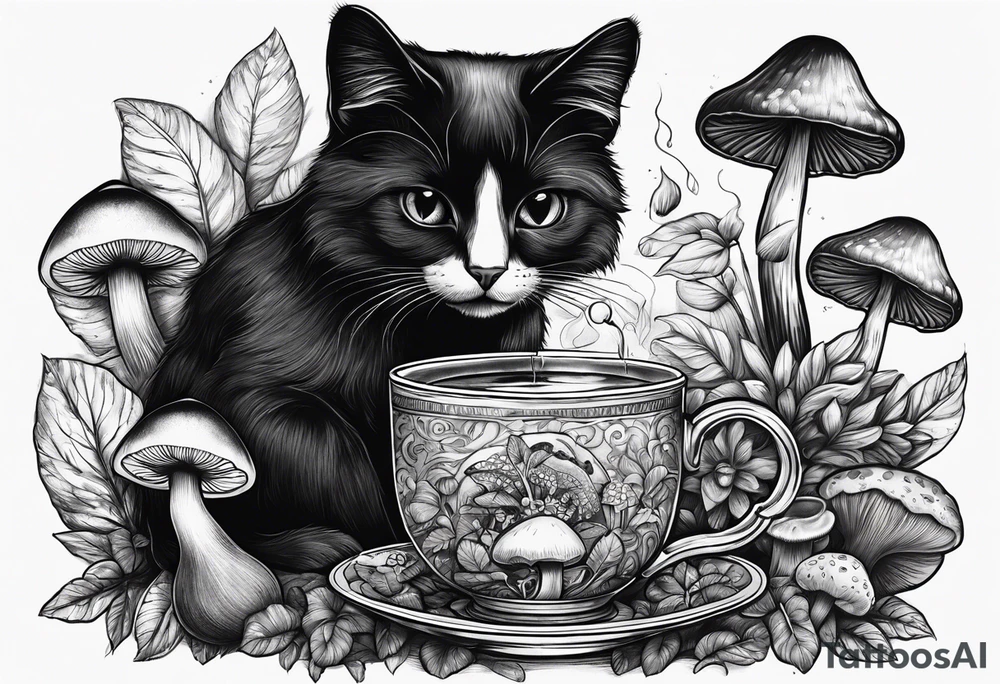 Black and mysterious cat taking a mushrooms tea tattoo idea