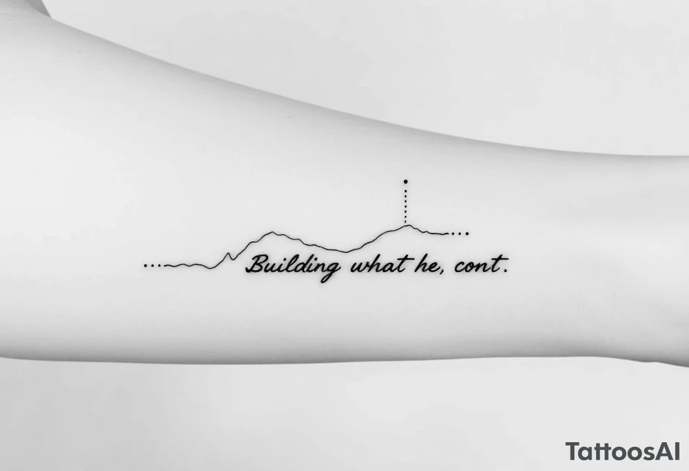 inimalistic black-ink forearm tattoo symbolizing legacy, father watching over, and continuation of unfinished dreams. Central design: a flowing, rising line or abstract path starting fragmented at the bottom (representing the father’s unfinished work) and gradually becoming solid and ascending (representing the son carrying it forward). Along the path, fine, particle-like lines or small dots flow upward, symbolizing the father’s guidance and energy cheering the son on. Hidden within or alongside the design, integrate the text: “Building what he couldn’t” in small, elegant script. Style: clean, minimalistic, black ink only, fine-line, geometric abstraction, flowing composition for forearm placement, emphasizing symbolism, legacy, guidance, and emotional depth. tattoo idea