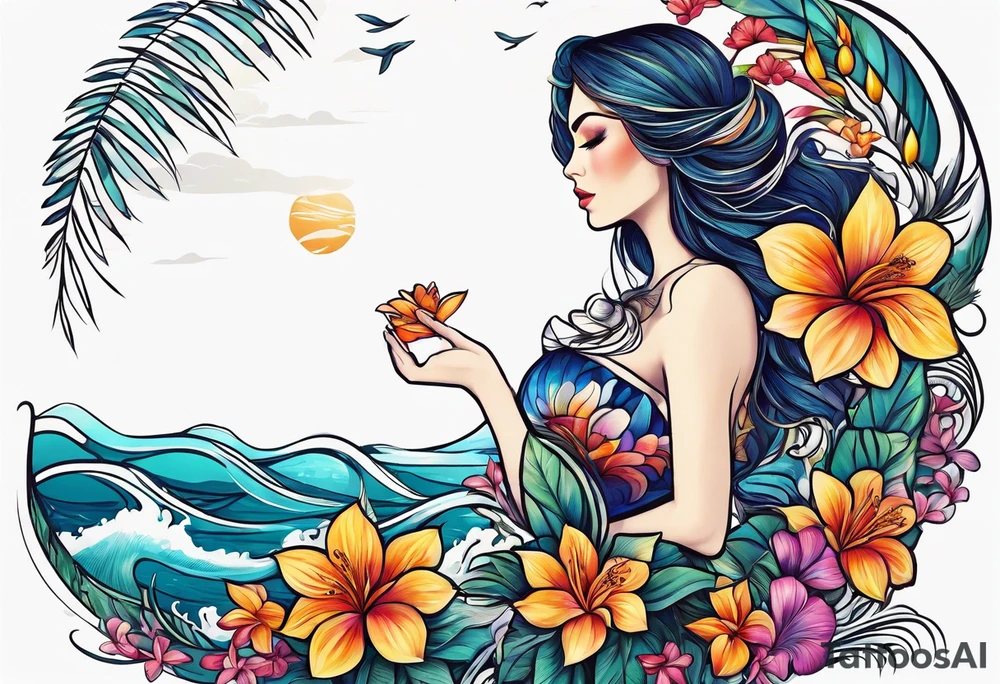 sea, flower, palm tattoo idea