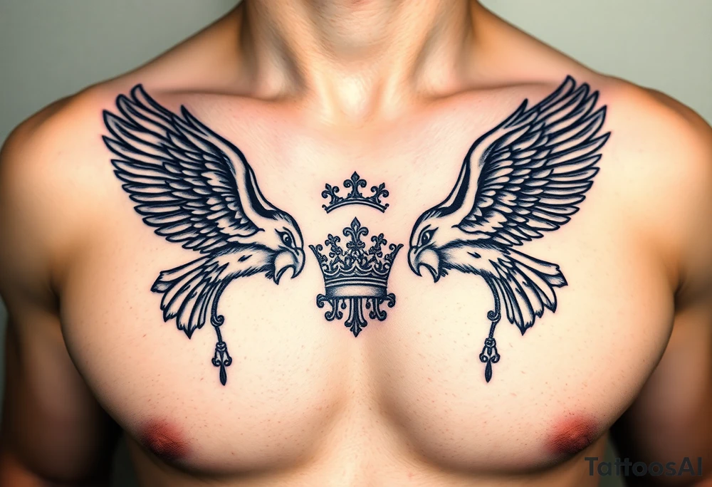 Chest tattoo,powerful two symetrical majestic eagles, surrounded by lure ornaments , between eagles a crown tattoo idea