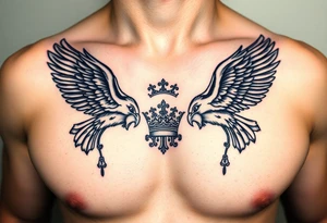 Chest tattoo,powerful two symetrical majestic eagles, surrounded by lure ornaments , between eagles a crown tattoo idea
