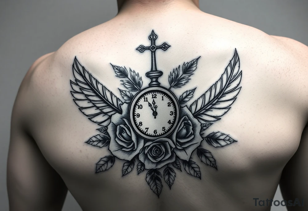 In memory of daddy feathers 
and roses with clocks tattoo idea