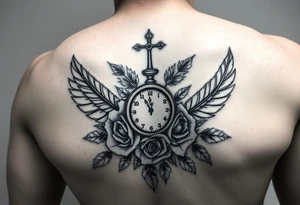 In memory of daddy feathers 
and roses with clocks tattoo idea