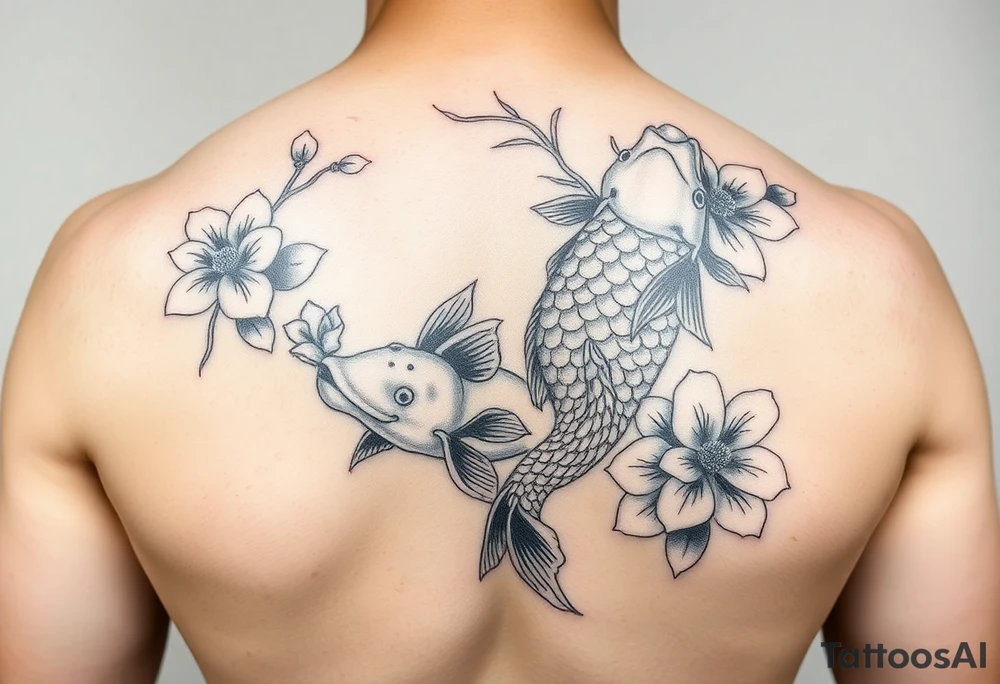 2004 in bold with big koi fish and Japanese blossoms tattoo idea