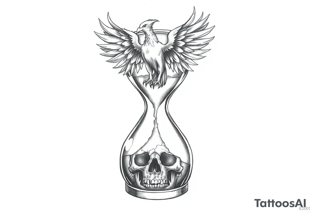 A cracked hourglass with the sands forming a skull below and a phoenix rising from the top. tattoo idea