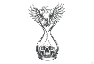 A cracked hourglass with the sands forming a skull below and a phoenix rising from the top. tattoo idea