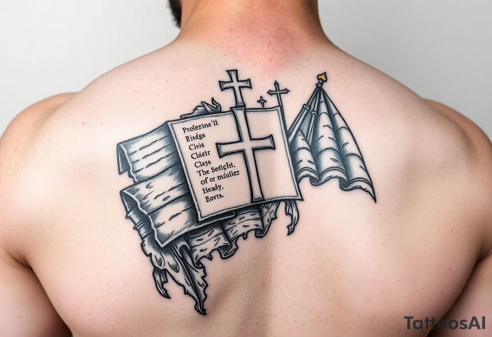 Forearm bracer incorporating the Bible, stained glass, the Christian flag, and Protestant themes tattoo idea