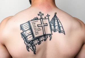 Forearm bracer incorporating the Bible, stained glass, the Christian flag, and Protestant themes tattoo idea