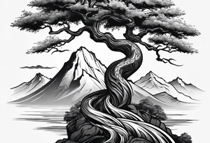 Full arm sleeve, tree going up to shoulder dead tree going down to wrist, wrapped in a serpent moving down with mountain, and ocean elements tattoo idea