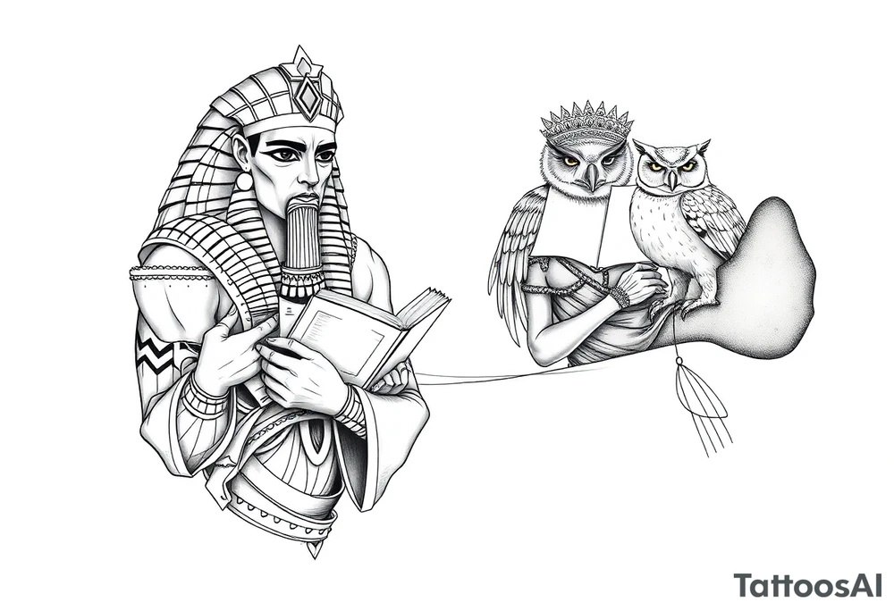 The Egyptian god Toth and the Greek goddess Athena with books and owls tattoo idea