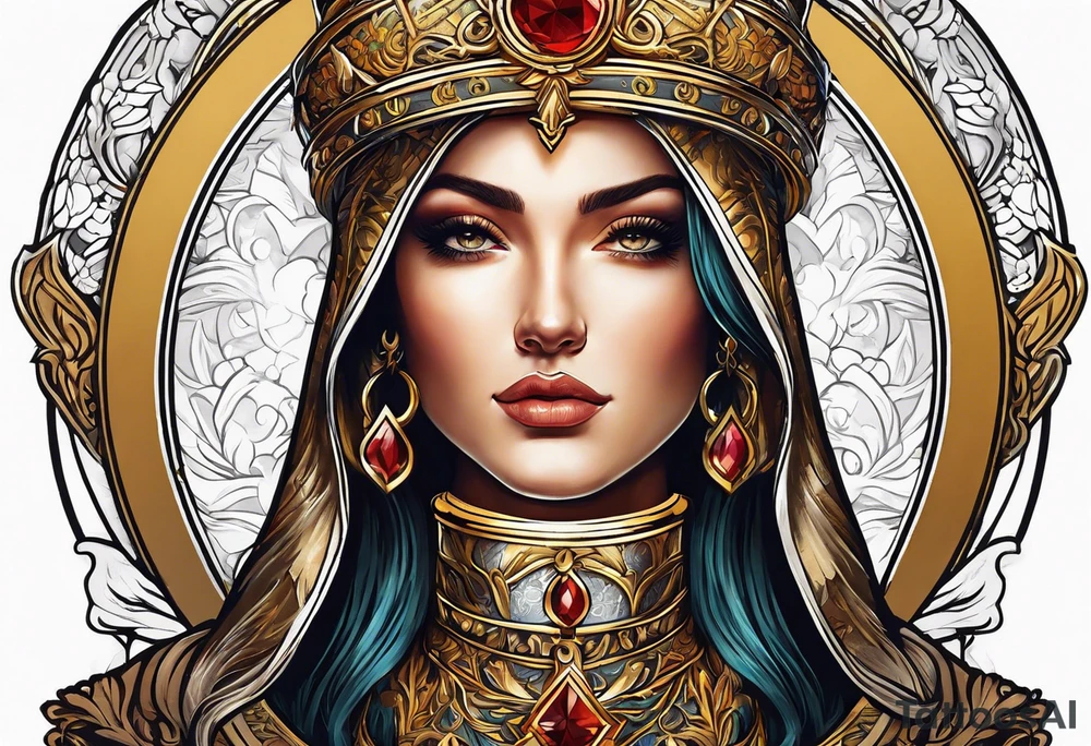 woman saint holding chalice surrounded by golden halo portrait tattoo idea