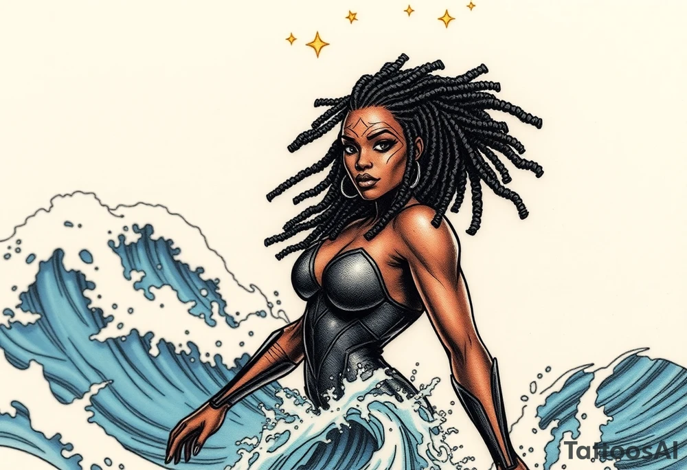 Create a comic book cover for a black female superhero named “Aqua Raven” have her standing in waves in the ocean with powers above her 
Show her with dreadlocs tattoo idea