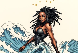 Create a comic book cover for a black female superhero named “Aqua Raven” have her standing in waves in the ocean with powers above her 
Show her with dreadlocs tattoo idea