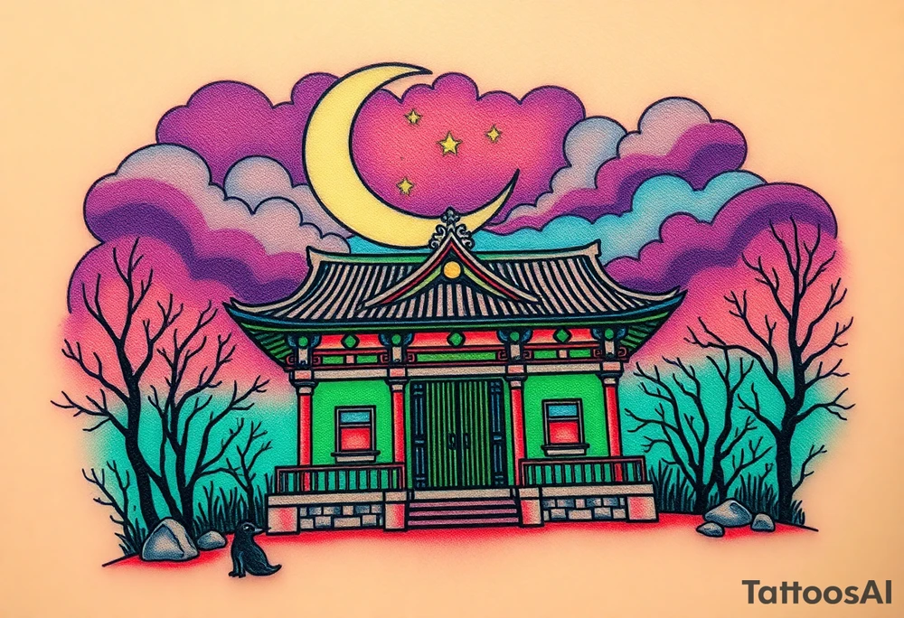 Tim Burton’s haunted pastel Tokyo shrine is abandoned and dripping with muted reds, dusty pinks, and eerie green glow.purple and cyan smokey clouds swirl in the crescent moonlit sky thats sprinkled with stars tattoo idea tattoo idea