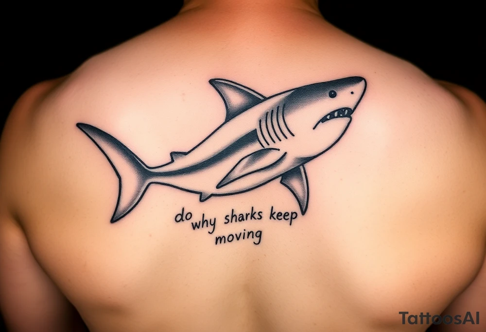 Shark on spine with words “do you know why sharks keep moving” tattoo idea
