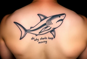 Shark on spine with words “do you know why sharks keep moving” tattoo idea