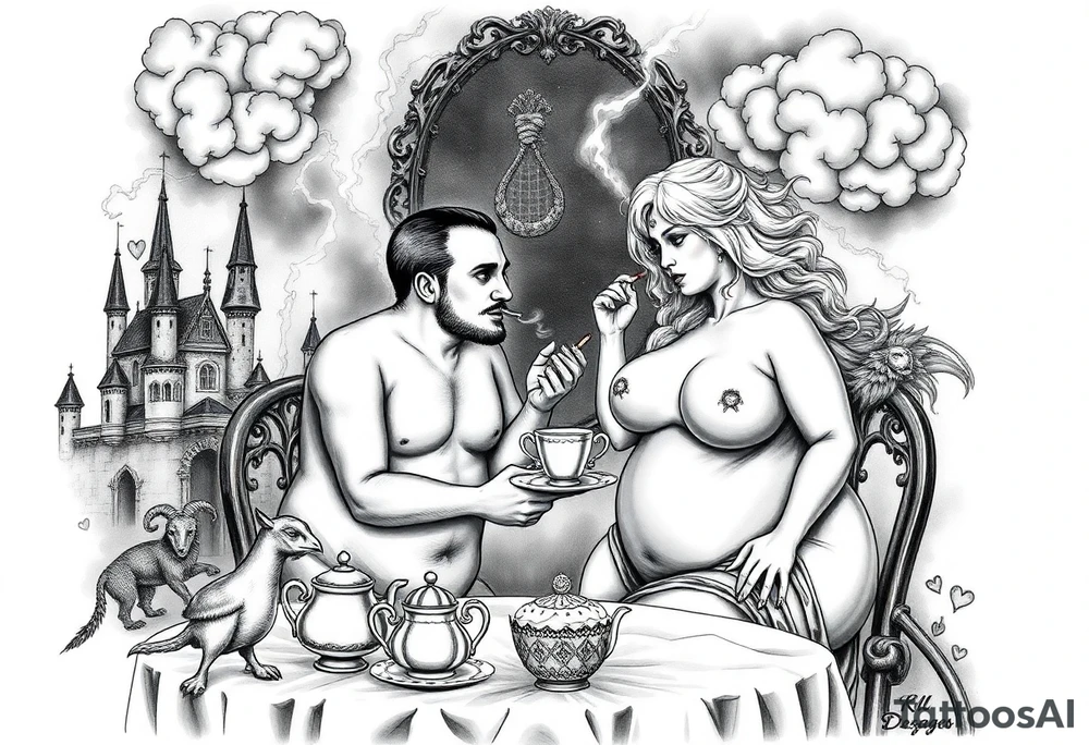 Naked Man and woman having sex Storm lightening clouds gothic sexy naked fat lady having a tea party with tea pot and medieval castle
with a pigglets, peacock, noose, lion, goat, smoking cigerettes looking in the mirror eating a cake thru storm clouds with razor blades and broken hearts and darkness and wrath, envy , gluttony, greed, sloth, pride kill tattoo idea
