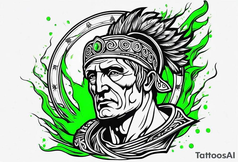 Julius Caesar tattoo with streaks of neon green lightning tattoo idea