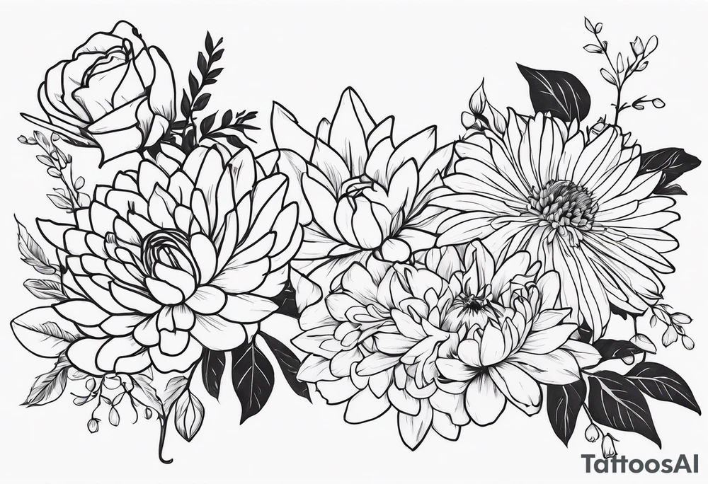 Asters, roses, Lillies, chrysanthemums in a long line tattoo idea