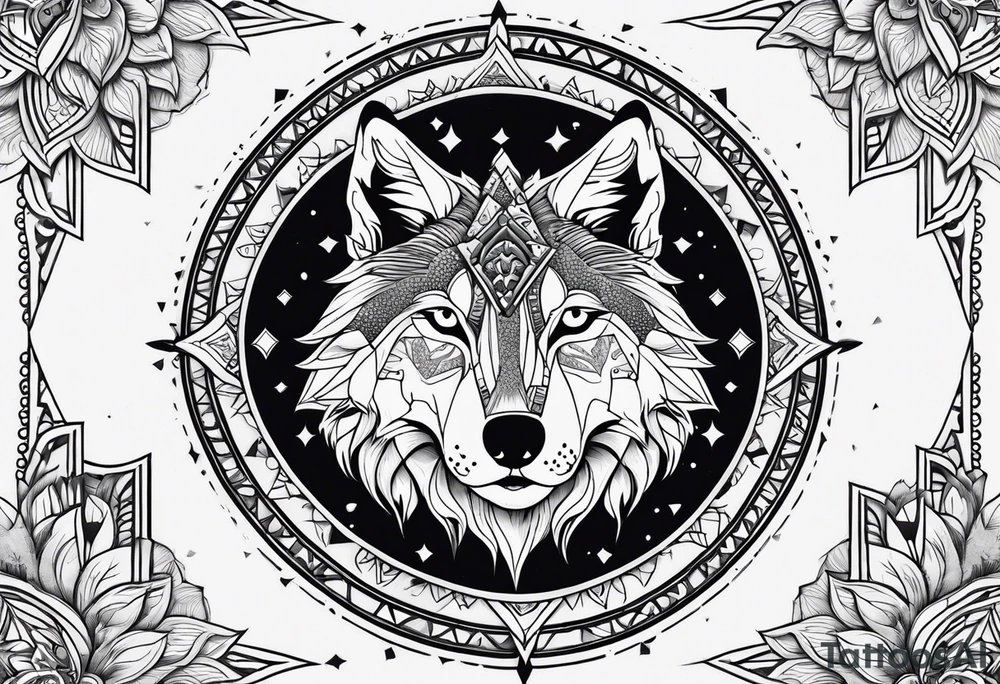 Mandala theme design with joker cards and wolves for forearms tattoo idea