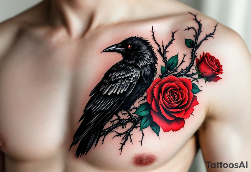 Crow in Thorn Bush – A perched crow surrounded by twisted black thorns and blood-red roses. Gothic realism with rich red and deep green accents. tattoo idea