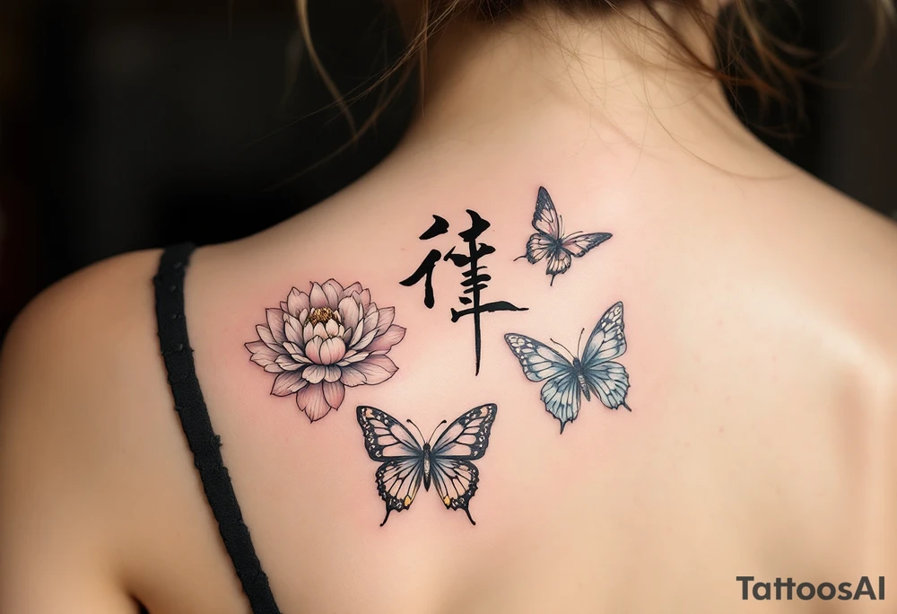 Chinese character 美 (měi, “beauty”) in rose gold ink often decorates a peony or butterfly for elegance and transformation. tattoo idea