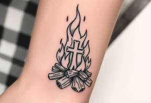 Campfire with cross hidden in the flames with nod to camping tattoo idea
