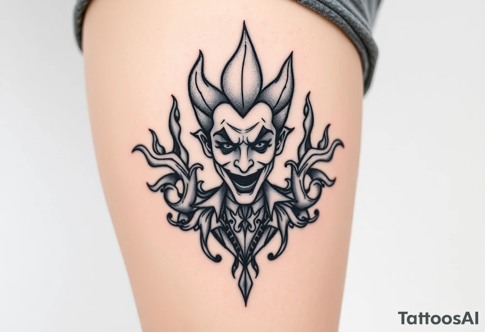 Powerful new age joker surrounded by flames tattoo idea