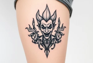 Powerful new age joker surrounded by flames tattoo idea