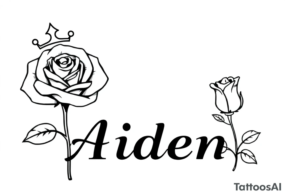 Rose with no stem with a kings crown above it and the name Aiden large Infront of it going to the right 


A rose bud with a kings crown on-top leaving left tattoo idea