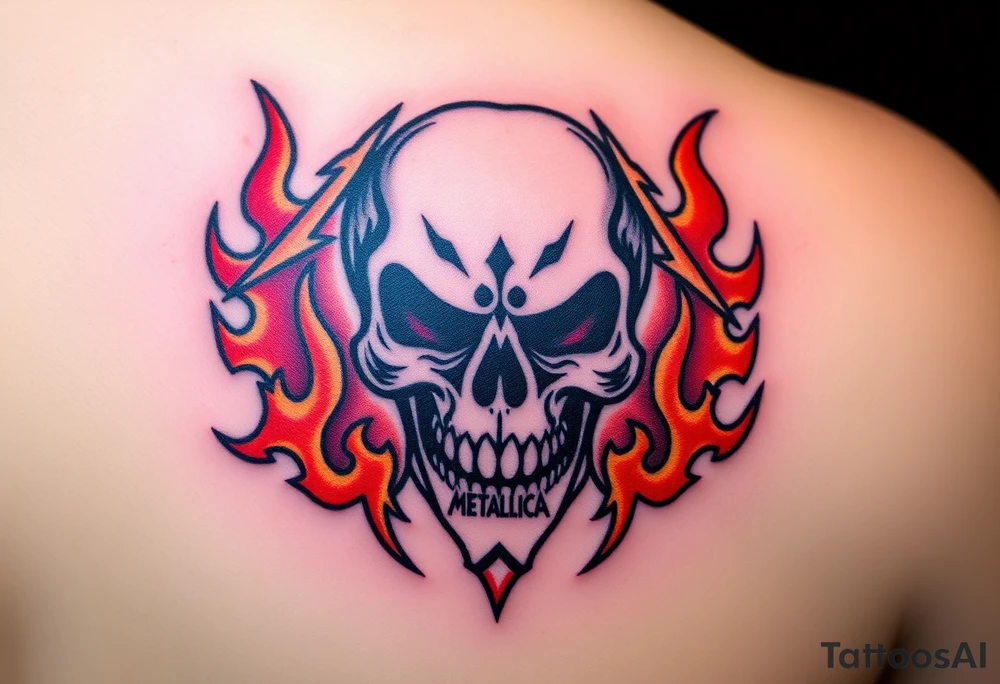 A fierce skull with the iconic Metallica "M" etched into it, surrounded by flames in shades of orange and red, symbolizing the band's fiery intensity. tattoo idea