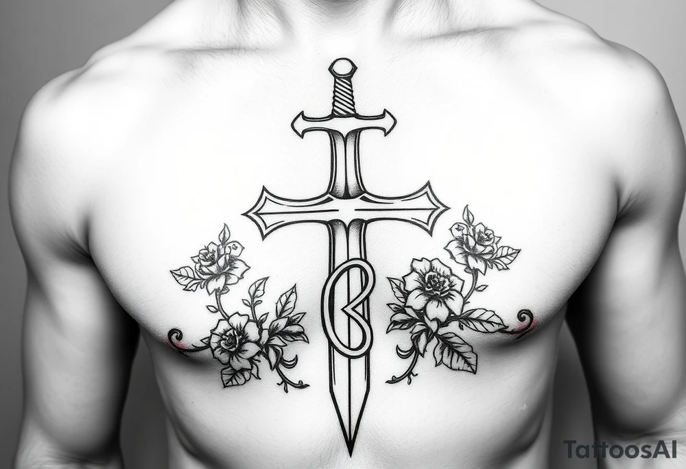 A gothic cross with a sword tip on the bottom going through an infinity sign and has roses and vines growing around tattoo idea