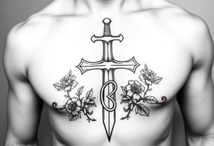 A gothic cross with a sword tip on the bottom going through an infinity sign and has roses and vines growing around tattoo idea