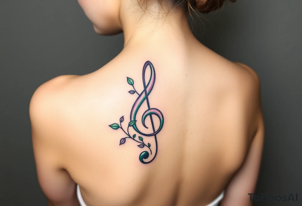 treble clef with vines growing around it, in shades of green, light pink, and soft purple tattoo idea