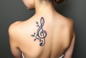 treble clef with vines growing around it, in shades of green, light pink, and soft purple tattoo idea