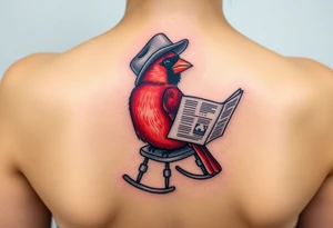 A cardinal wearing a cowboy hat, sitting in a rocking chair reading a newspaper tattoo idea