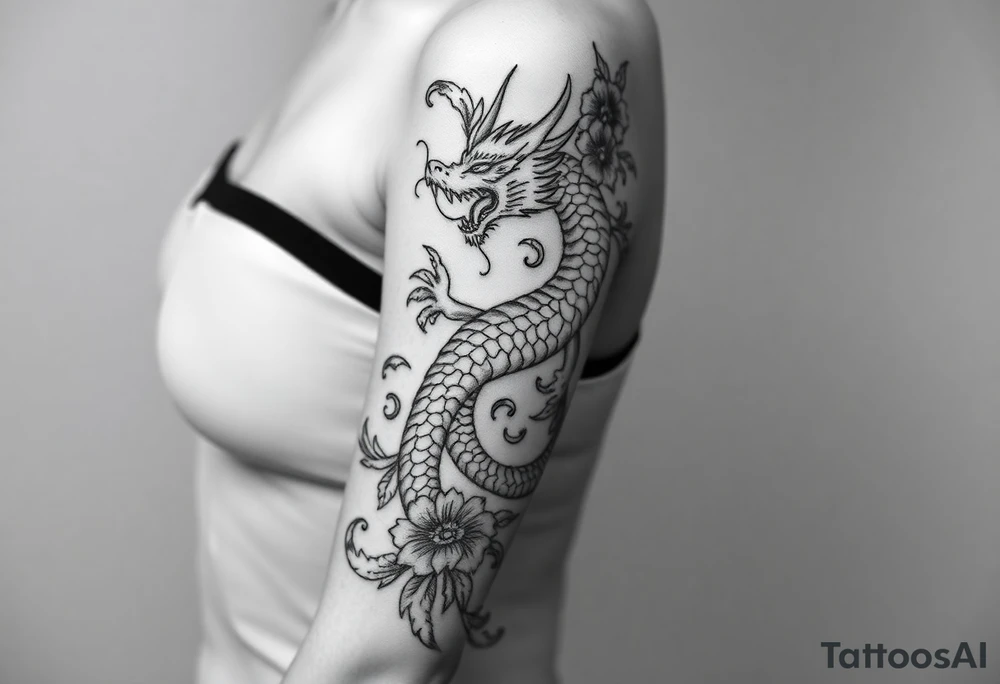 un dragon central entouré de fleurs de style avec des ombrages dans un style assez fin tattoo idea