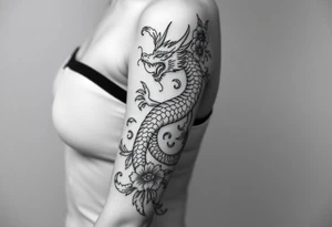 un dragon central entouré de fleurs de style avec des ombrages dans un style assez fin tattoo idea