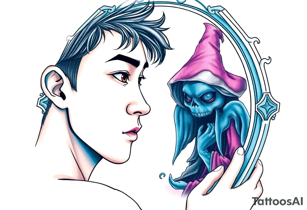 Handsome Asian young guy is looking in cursed mirror and see a witch tattoo idea