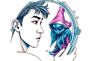 Handsome Asian young guy is looking in cursed mirror and see a witch tattoo idea